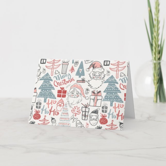 Cute Whimsical Santa Julgran Mönster Rosa Helgkort (Framsida)
