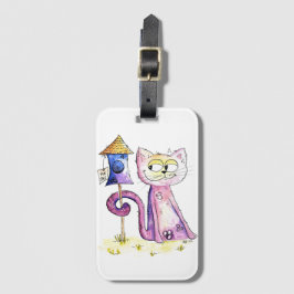 Cute Whimsical Sneaky Cat med Birdhouse Bagagebricka