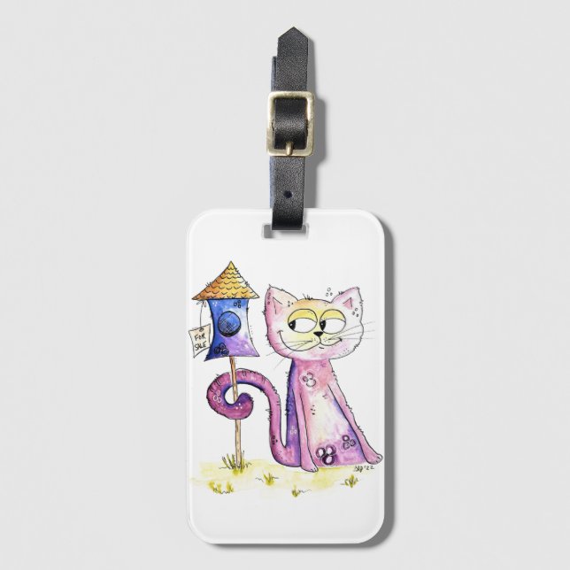Cute Whimsical Sneaky Cat med Birdhouse Bagagebricka (Framsida vertikal)