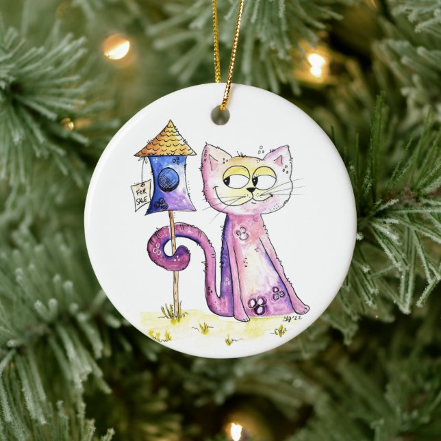 Cute Whimsical Sneaky Cat med Birdhouse Julgransprydnad Keramik (Träd)