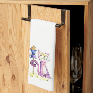 Cute Whimsical Sneaky Cat med Birdhouse Kökshandduk