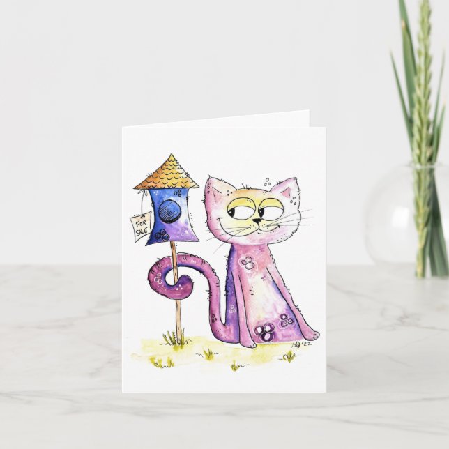 Cute Whimsical Sneaky Cat med Birdhouse Kort (Framsida)