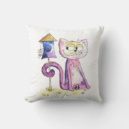 Cute Whimsical Sneaky Cat med Birdhouse Kudde