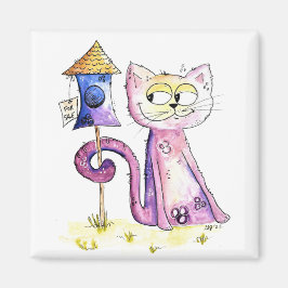 Cute Whimsical Sneaky Cat med Birdhouse Magnet