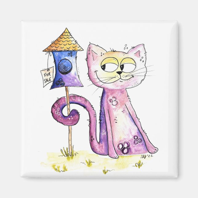 Cute Whimsical Sneaky Cat med Birdhouse Magnet (Framsidan)