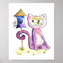 Cute Whimsical Sneaky Cat med Birdhouse Poster