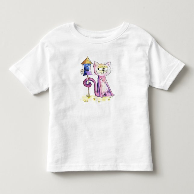 Cute Whimsical Sneaky Cat med Birdhouse T Shirt (Framsida)