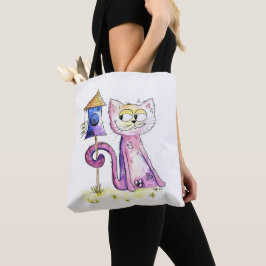 Cute Whimsical Sneaky Cat med Birdhouse Tygkasse