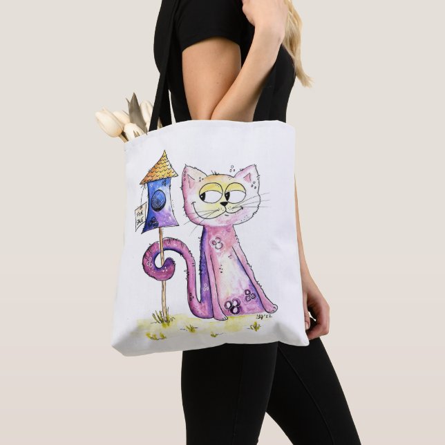 Cute Whimsical Sneaky Cat med Birdhouse Tygkasse (Närbild)