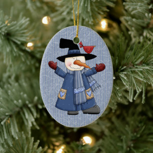 Cute Whimsical Snögubbe med Red Kardinal Julgransprydnad Keramik