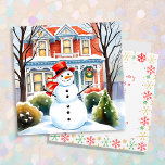 Cute Whimsical Snögubbe under julen i förorterna<br><div class="desc">Personlig traditionellt julkort. En söt vattenfärgsillustration av ett snögubbe framför ett Viktorianhus i ett sött mysigt grannskap.</div>