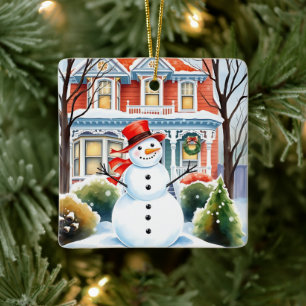 Cute Whimsical Snögubbe under julen i förorterna Julgransprydnad Keramik