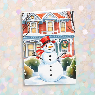 Cute Whimsical Snögubbe under julen i förorterna Kort