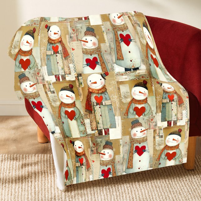 Cute Whimsical Snowman Earth Love Fleecefilt (Cute whimsical fleece blanket in earth tones featuring illustrations of snowmen carrying hearts)