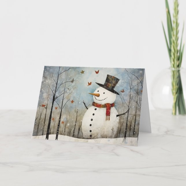 Cute Whimsical Snowman in a Top Hat Holiday  Kort (Framsida)