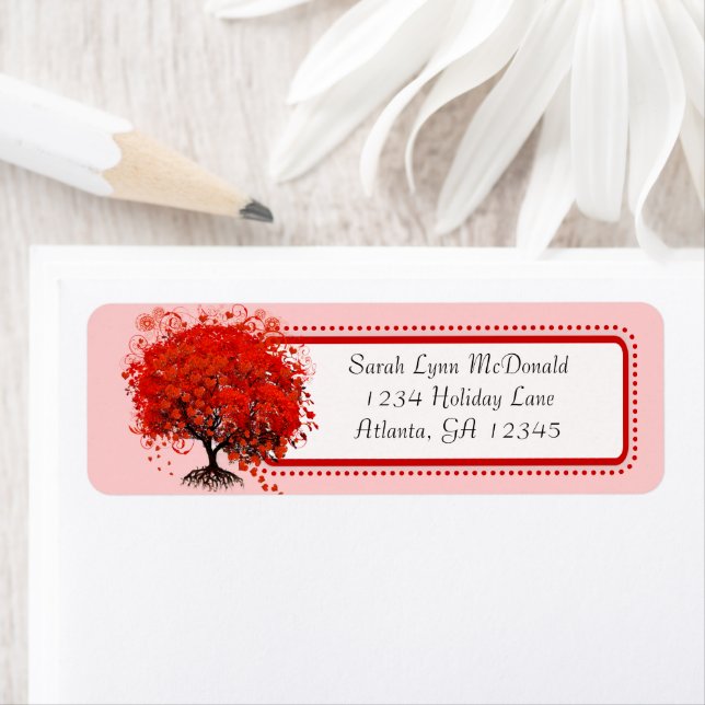 Cute Whimsical Swirl Heart Träd Red & Rosa Returadress Etikett (Insitu)