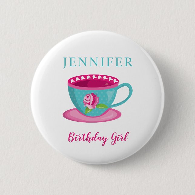 Cute Whimsical Tea kopp Birthday Girl Party rosa Knapp (Framsida)
