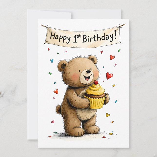 Cute Whimsical Teddy Bear Happy 1st Birthday Flat Kort (Framsida)