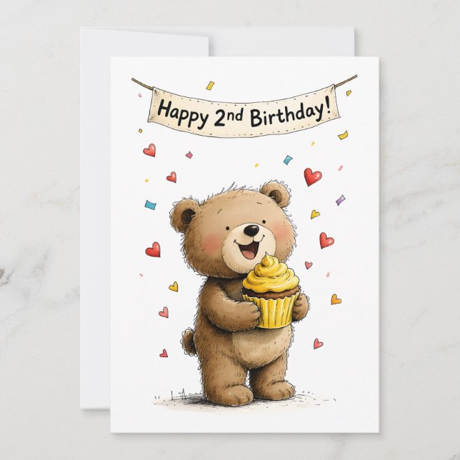 Cute Whimsical Teddy Bear Happy 2nd Birthday Flat Kort (Framsida)