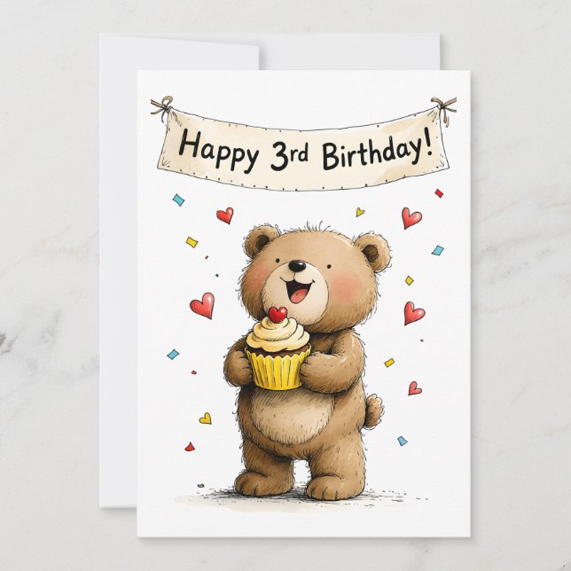Cute Whimsical Teddy Bear Happy 3rd Birthday Flat Kort (Framsida)