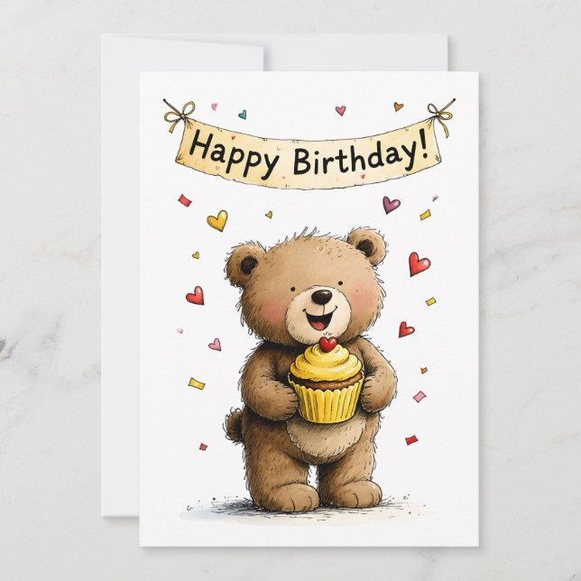 Cute Whimsical Teddy Bear Happy Birthday Flat Kort (Framsida)