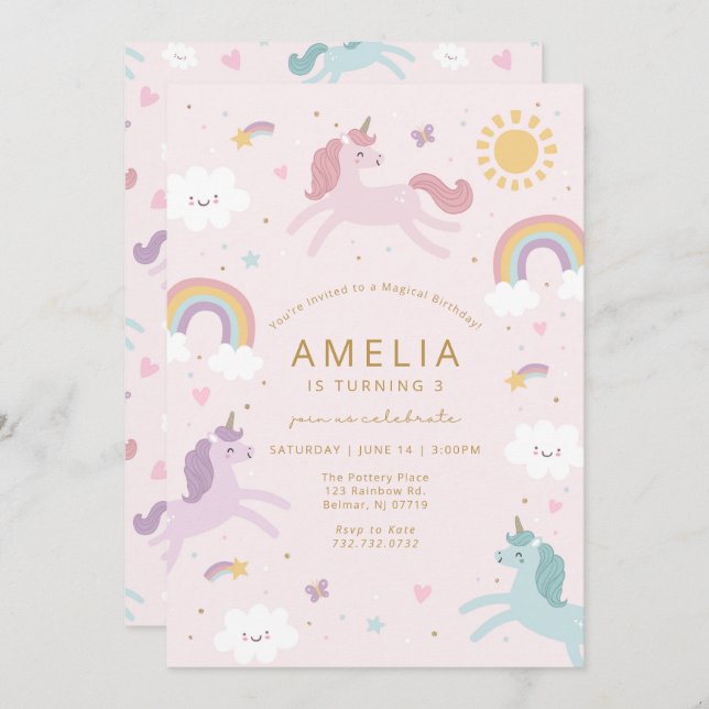 Cute Whimsical Unicorn Birthday-inbjudan Inbjudningar (Fram/baksida)
