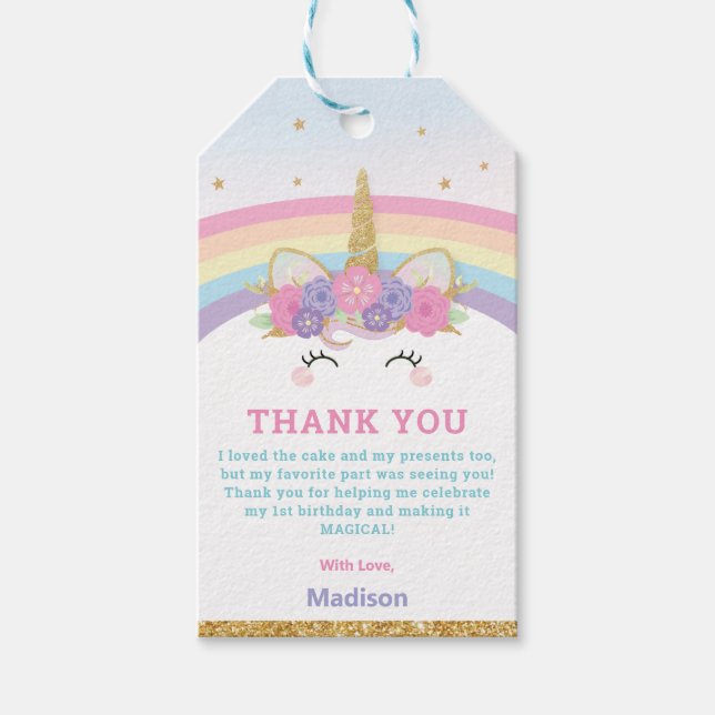 Cute Whimsical Unicorn Rainbow 1 Birthday Favor Presentetikett (Framsidan)
