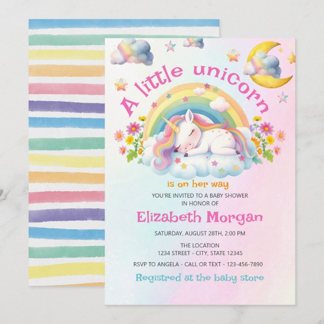 Cute Whimsical Unicorn Rainbow Girl Shower Inbjudningar (Fram/baksida)