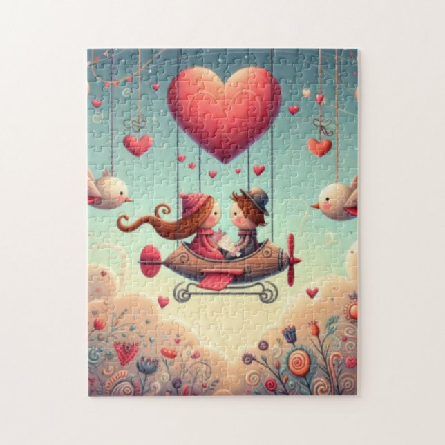 Cute Whimsical Valentine Day Hjärtat flygplan Pussel (Vertikal)