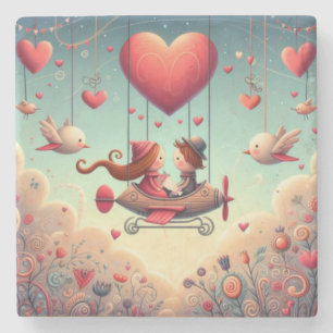 Cute Whimsical Valentine Day Hjärtat flygplan Stenunderlägg