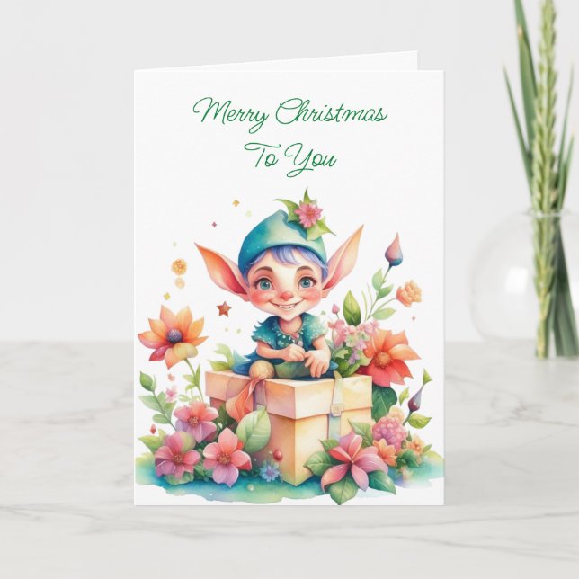 Cute Whimsical Watercolor jul Elf Kort (Framsida)