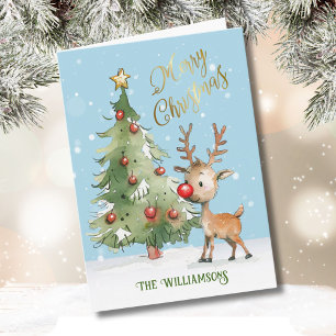 Cute Whimsical Watercolor Reindeer Julgran Kort