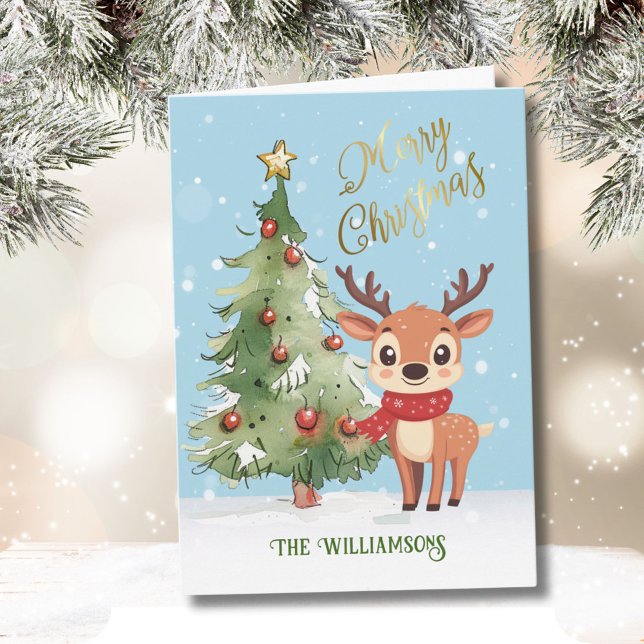 Cute Whimsical Watercolor Reindeer Julgran Kort (Skapare uppladdad)