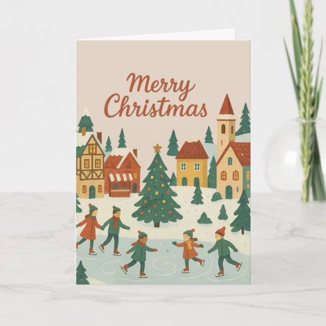 Cute Whimsical Winter Town Merry Christmas Card Kort (Framsida)