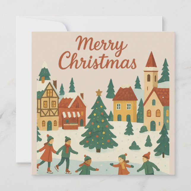 Cute Whimsical Winter Town Merry Christmas Card Kort (Framsida)