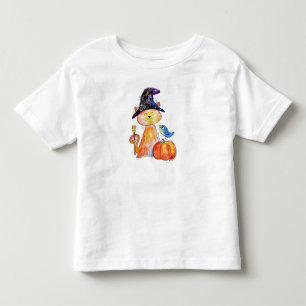 Cute Whimsical Witch Cat med Pumpkin T Shirt