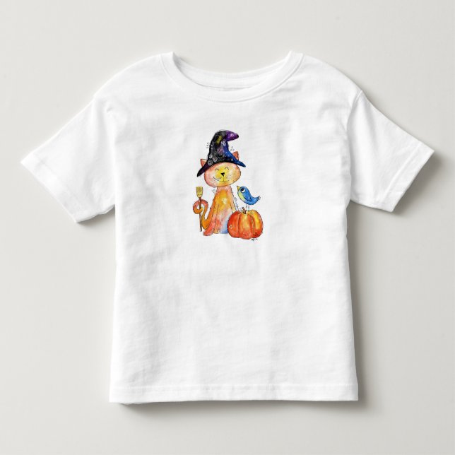 Cute Whimsical Witch Cat med Pumpkin T Shirt (Framsida)