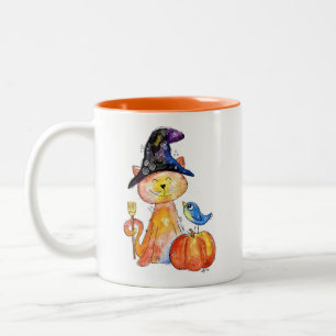 Cute Whimsical Witch Cat med Pumpkin Två-Tonad Mugg
