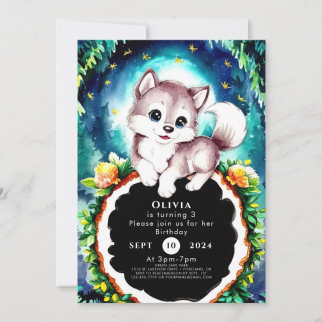 Cute Whimsical Woodland Varg Birthday Inbjudningar (Framsida)