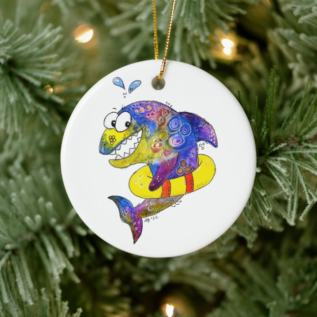 Cute Whimsiic Colorful Shark in Flyt Julgransprydnad Keramik (Träd)