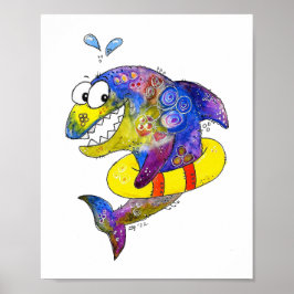 Cute Whimsiic Colorful Shark in Flyt Poster