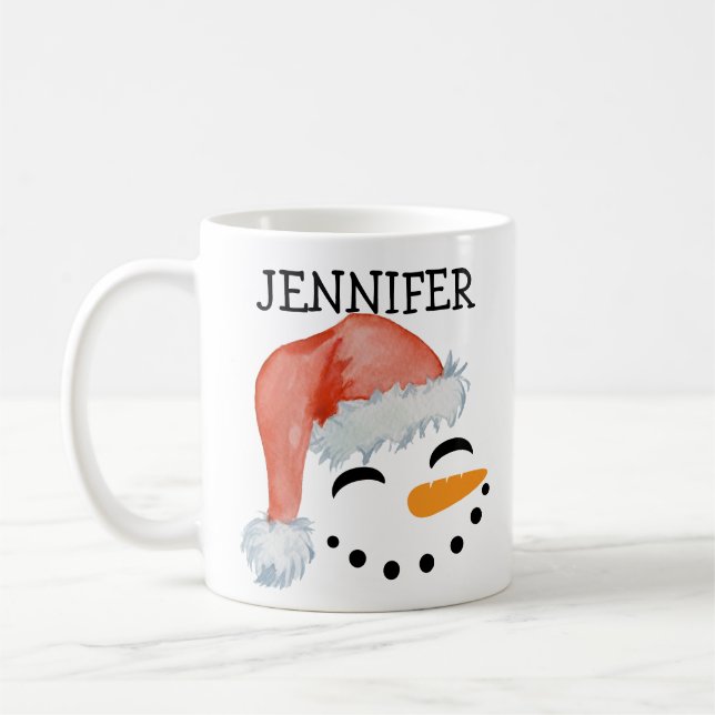 Cute Whimsiing Smiling Snögubbe Ansikte Santa Hat  Kaffemugg (Vänster)
