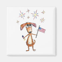 Cute Whimsiotic Patriotic Hund med Flagga Magnet