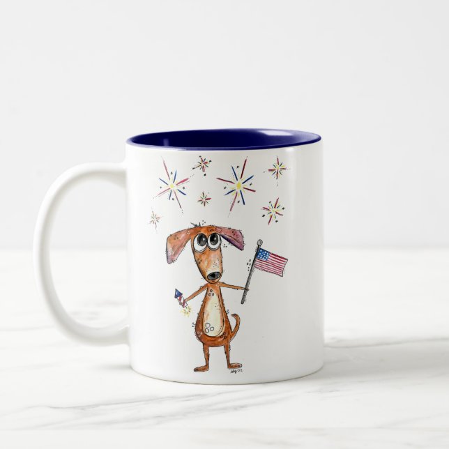 Cute Whimsiotic Patriotic Hund med Flagga Två-Tonad Mugg (Vänster)