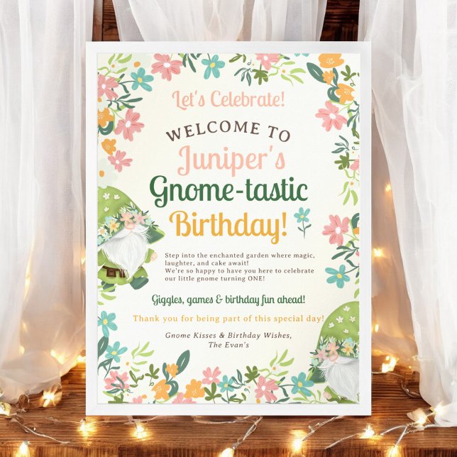Cute Whimsique Gnome, första födelsedag Välkomsthä Poster (Cute Whimsical Gnome First Birthday Welcome Poster)