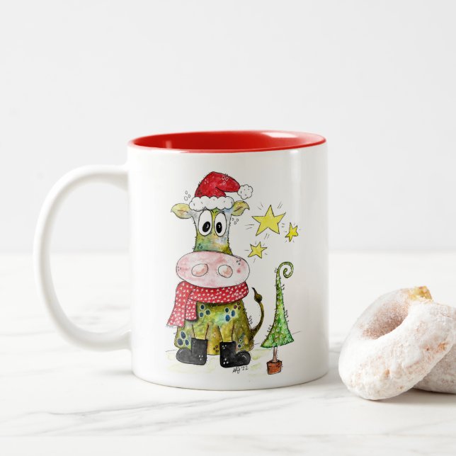 Cute Whimsique Jul Cow Två-Tonad Mugg (Med munk)