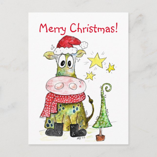 Cute Whimsique Jul Cow Vykort (Framsida)