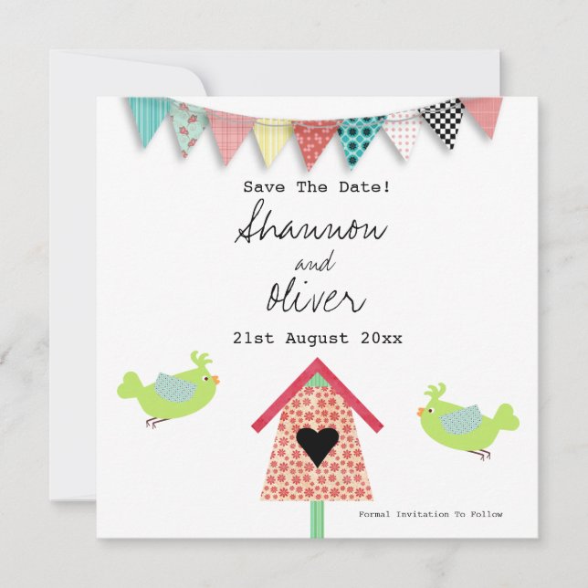Cute Whimsiques Birds and Birdhouse Save the Date Spara Datumet (Framsida)