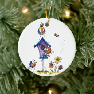 Cute Whimsiques Birds at a Birdhouse Julgransprydnad Keramik