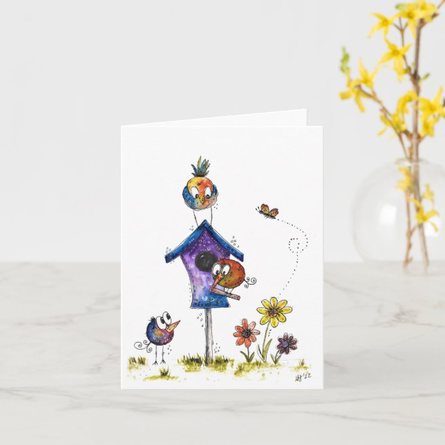 Cute Whimsiques Birds at a Birdhouse Kort (Gul blomma)